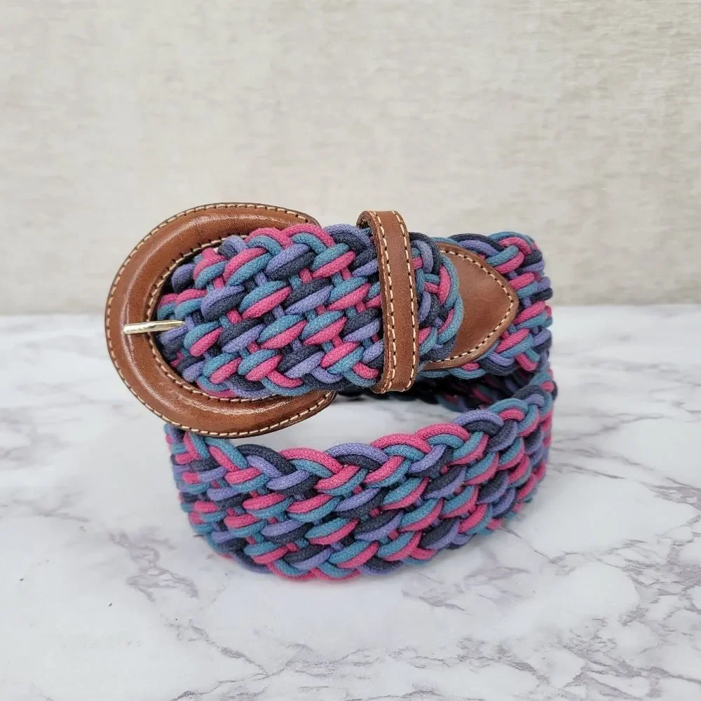 Vintage L.L. Bean Braided Cord Belt Pink Teal Navy Leather Buckle